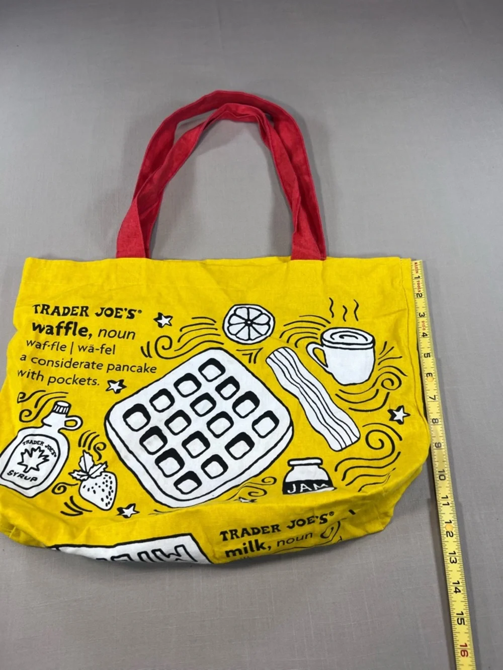 Trader Joe’s Yellow Canvas Tote Bag Red Handles Toast Milk Grocery Shopping Bag - Picture 6 of 8